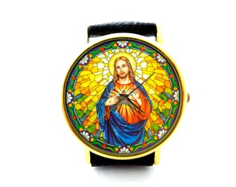 Sacred Heart of Jesus Leather Watch, Religious Ladies Watch, Unisex Watch, Jesus Jewellery