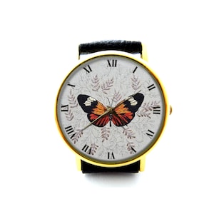 Embroidery Effect Print Butterfly Leather Watch, Butterfly Ladies Watch, Personalized Watch, Not Real Embroidery, It's Flat Printing