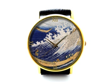 Hokusai "Ocean Waves" Leather Watch, Japan Art Watch, Fine Art Jewelry, Lovers Gift