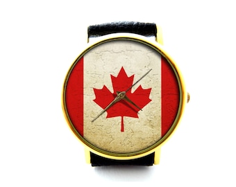 Canada Flag Leather Watch, Flag Accessory, Unisex Watch, Ladies Watch, Men Watch, Flag Jewelry, Pattern 4
