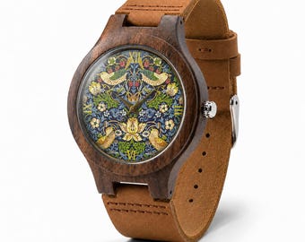 Erdbeerdieb Holzuhr, Vogel Floral Leder Armbanduhr