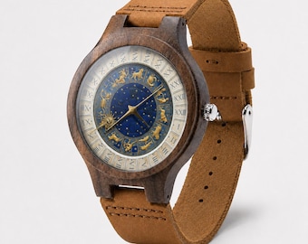 Zodiac Wooden Watch, Celestial Astrology Leather Wristwatch, Vintage Astronomy Gift
