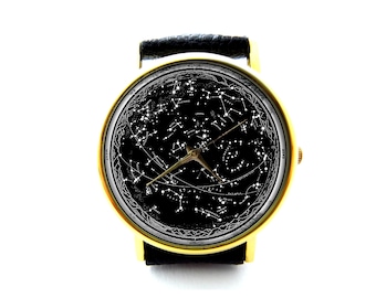 Reloj de cuero de la constelación vintage, reloj de astronomía, hemisferio norte, reloj de las estrellas, reloj de las damas, reloj de los hombres, joyería de las estrellas