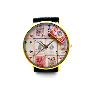 Leren speelkaartenhorloge, antiek speelkaartdameshorloge, tarothorloge, sieraden pokerspeler