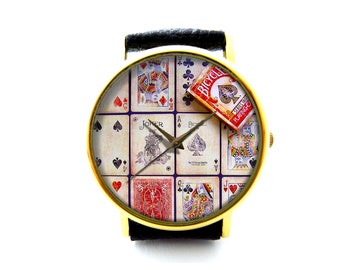 Playing Cards Leather Watch, Antique Playing Card Ladies Watch, Tarot Watch, Poker Player Jewelry