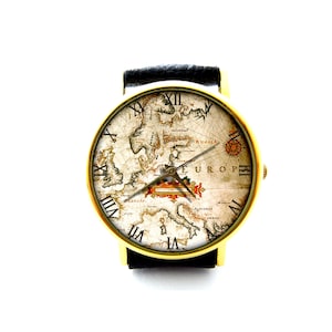 Weltkarte Lederuhr, Karte Uhr, Vintage Karte Uhr, antike Karte Uhr, Damenuhr, Herrenuhr, Karte Schmuck, Muster 2