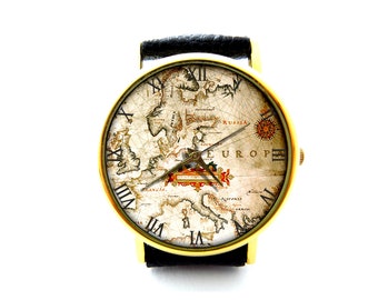 World Map Leather Watch, Map Watch, Vintage Map Watch, Antique Map Watch, Ladies Watch, Mens Watch, Map Jewelry, Pattern 2