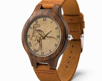 Dinosaur Wooden Watch, Vintage Fossil Art Leather Watch, Roman Numeral Gift