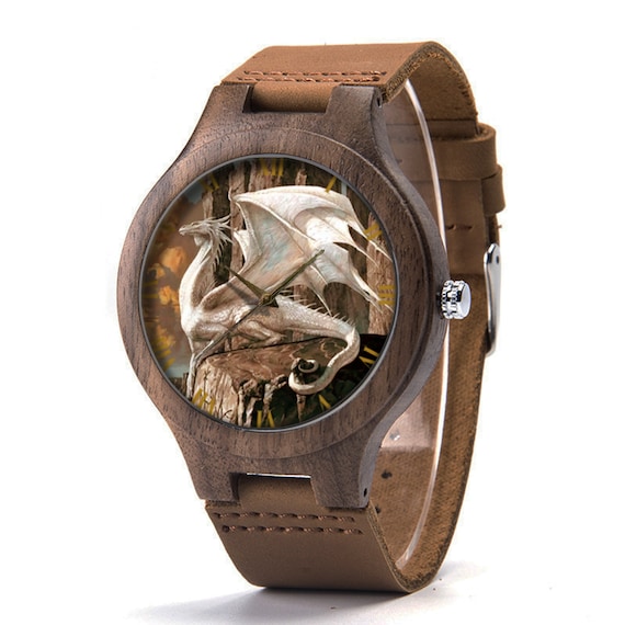 Reloj de cuero y madera con diseño de dragón blanco, reloj de