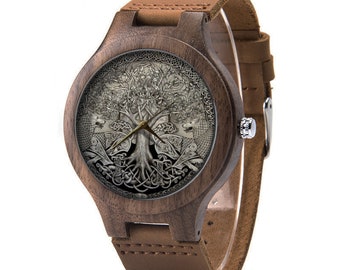 Reloj de madera de cuero árbol de la vida nórdico, reloj de madera de árbol mágico, reloj celta, reloj nórdico, reloj tamaño hombre, joyería de árbol