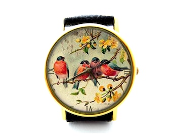Red Robin Bird Leather Watch, Birds Ladies Watch, Unisex Watch, Bird Jewelry Gift
