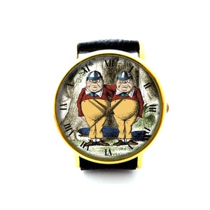 Tweedle Dee and Tweedle Dum Alice in Wonderland Leather Watch, Tweedledee Tweedledum Fairy Tale Art Watch, Alice in Wonderland Jewelry