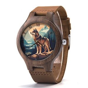 Wolf Wood Leather Watch, Wolf Wood Watch, Wolf Watch, Man Size Watch, Wolf Jewelry