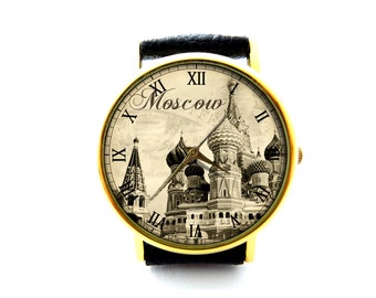 Zegarek skórzany Moscow, rosyjski zegarek skórzany Moscow City, akcesoria Moscow, zegarek damski, zegarek męski, biżuteria Moscow