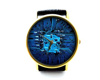 Circuit Board Leather Watch, Unisex Watch, Ladies Watch, Mens Watch, Circuit Board Jewelry, Pattern 2