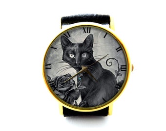 Gothic Black Cat Leather Watch, Black Rose Ladies Watch, Cat Unisex Watch, Vintage Cat Rose Watch, Black Cat Jewelry