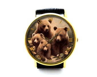 Brown Bear Family Leather Watch, Bear Watch, Unisex Watch, Cute Bear Jewelry