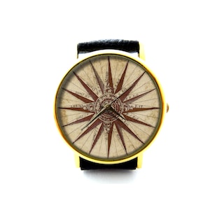 sierlijke vintage kompas lederen horloge, kompas navigatie dameshorloge, unisex horloge, kaart richting sieraden
