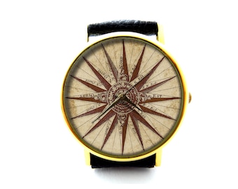 Ornate Vintage Compass Leather Watch, Compass Navigation Ladies Watch, Unisex Watch, Map Direction Jewelry