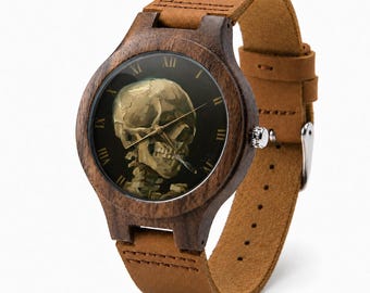 Gothic Skull Wooden Watch, Dark Art Dial, Leather Strap Gift