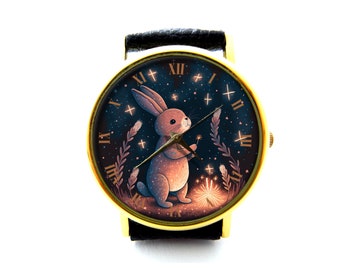 Reloj de cuero de conejito y fuegos artificiales, reloj de damas de conejito, reloj unisex, reloj vintage, reloj de conejo, joyería de conejito