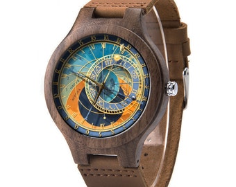 Horloge astronomique de Prague en cuir, montre en bois steampunk, montre unisexe, montre homme, bijoux astrologie steampunk