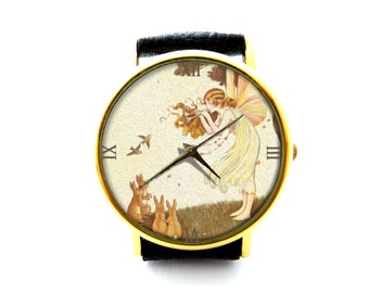Anne Playing the Pipes Leather Watch, Fairy Ladies Watch, Unisex Watch, Fairy Jewellery