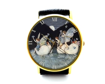 Vintage Fairies Leather Watch, Vintage Fairy Ladies Watch, Unisex Watch, Vintage Fairies Jewellery