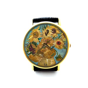 Leren Van Gogh-zonnebloemhorloge, Van Gogh Art-dameshorloge, uniseks horloge, Van Gogh-zonnebloemsieraden