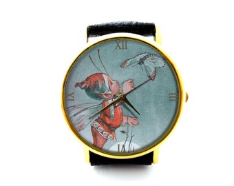 Cute Fairy And Butterfly Leather Watch, Fairy Ladies Watch, Unisex Watch, Fairy Jewellery