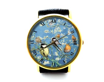 Reloj de piel con pájaros y flores de almendro de Van Gogh, reloj artístico, reloj unisex, reloj de mujer, reloj de hombre, reloj personalizado