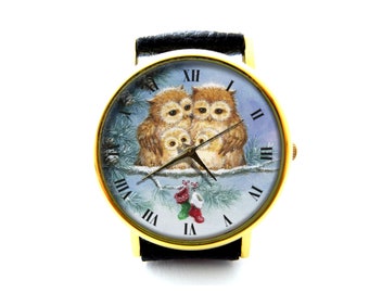 Cute Owl Family Leather Watch, Antique Lovely Owl Ladies Watch, Owl Unisex Watch, Vintage Owl Watch, Owl Jewelry