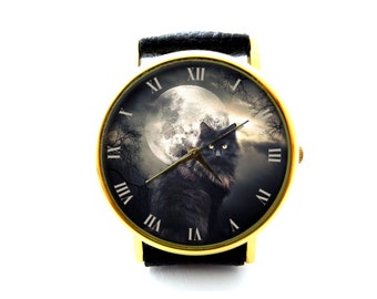 Gothic Black Cat Leather Watch, Full Moon Cat Ladies Watch, Cat Unisex Watch, Halloween Cat Watch, Black Cat Jewelry