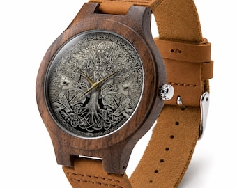 Norse Tree of Life Wooden Watch, Viking Yggdrasil Leather Wristwatch