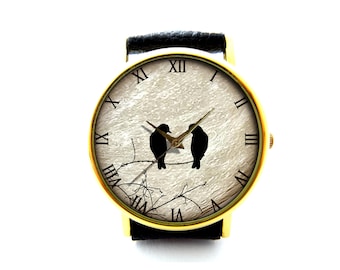 Birds And Moon Leather Watch, Birds On Tree Leather Watch, Unisex Watch, Ladies Watch, Mens Watch, Birds Jewelry, Pattern 1