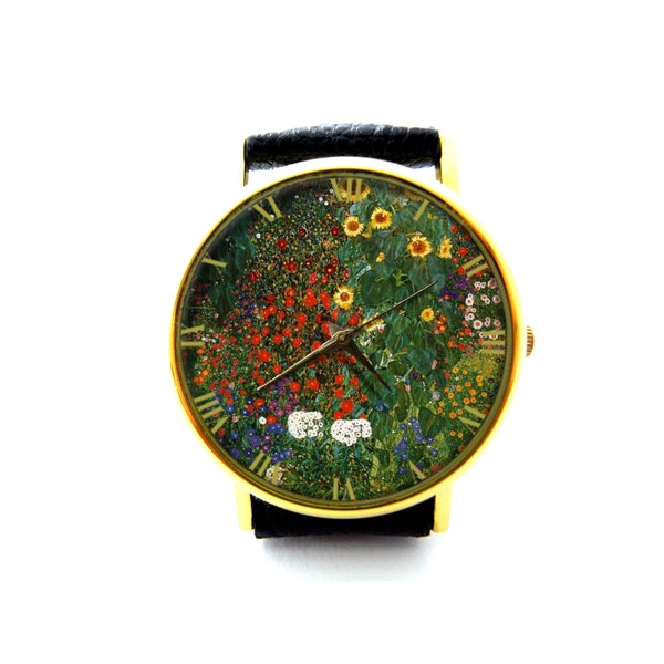 Gustav Klimt's Garden with Sunflowers Leather Watch, Klimt Art Ladies Watch, Unisex Watch, Klimt Art Jewelry