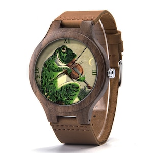 Frog Playing Violin Wood Leather Watch, Frog Music Wood Watch, Frog Watch, Man Size Watch, Funny Frog Jewelry