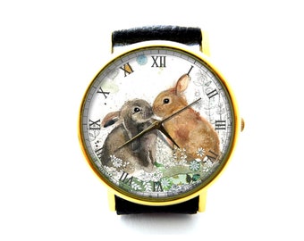 Reloj de cuero con diseño de conejito, reloj de conejito para mujer, reloj unisex, reloj vintage, reloj de conejo, joyería de conejito