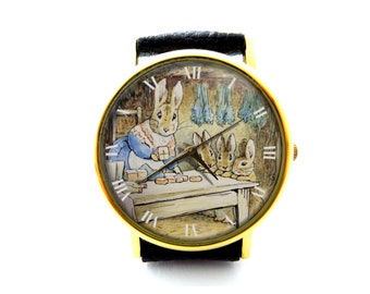 Leren horloge konijntje, dameshorloge konijntje, uniseks horloge, vintage horloge, konijnenhorloge, konijnensieraden
