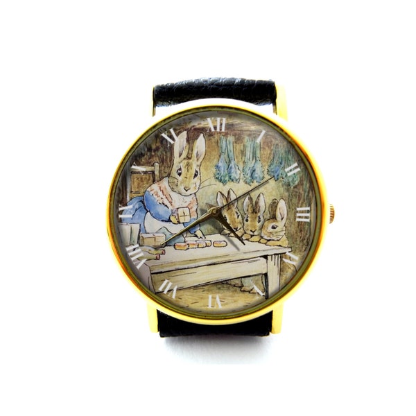 Cute Bunny Leather Watch, Bunny Ladies Watch, Unisex Watch, Vintage Watch, Rabbit Watch, Bunny Jewelry