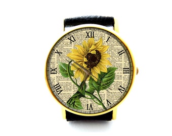 Vintage Sunflower Leather Watch, Floral Watch, Botanical Watch, Ladies Watch, Mens Watch