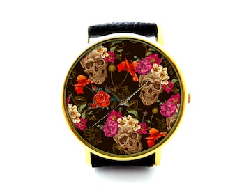 Skeleton Skull Flowers Leather Watch, Skeleton Skull Flowers Ladies Watch, Unisex Watch, Sugar Skull Jewellery