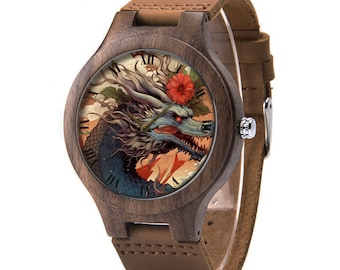 Dragon Wood Leather Watch, Dragon Art Wood Watch, Dragon Watch, Man Size Watch, Dragon Jewelry