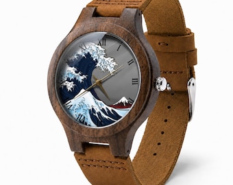 The Great Wave off Kanagawa Leather Wood Watch, Art Wood Watch, Man Size Watch, Japan Art Wood Watch, Fine Art Jewelry