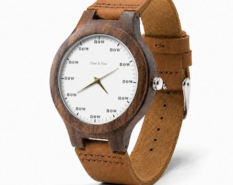 Time Is Now Wooden Watch, Minimalist White Dial, Leather Strap Gift