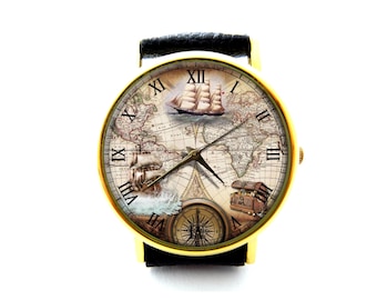 Navigation at sea Leather Watch, Compass Ladies Watch, Unisex Watch, Map Jewellery