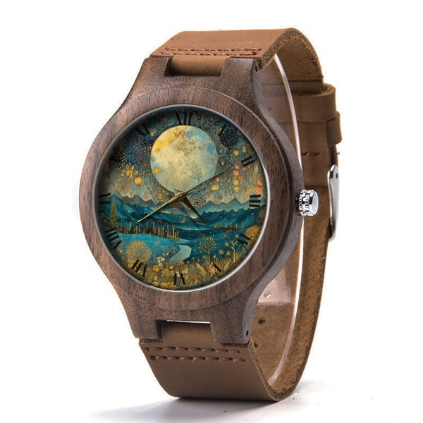 Moon Flower Wood Leather Watch, Full Moon Wood Watch, Moon Unisex Watch, Man Size Watch, Moon Jewelry