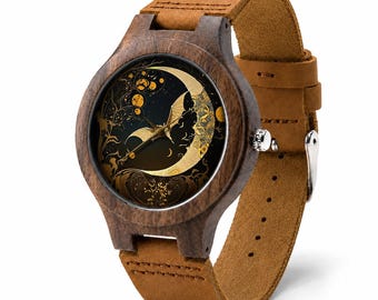 Dark Celestial Wooden Watch, Crescent Moon Bat Dial, Gothic Gift