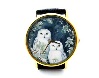Snow White Owls Leather Watch, Cute Owl Ladies Watch, Owl Unisex Watch, Owl Jewelry