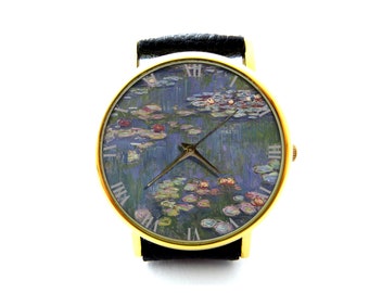 Claude Monet Water Lilies Art Leather Watch, Ladies Watch, Unisex Watch, Waterlilies Art Jewellery